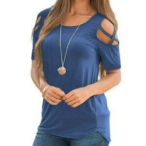 Cris Cross Cold Shoulder Short Sleeve Shirt Size Small Peacock Blue Scoop Neck